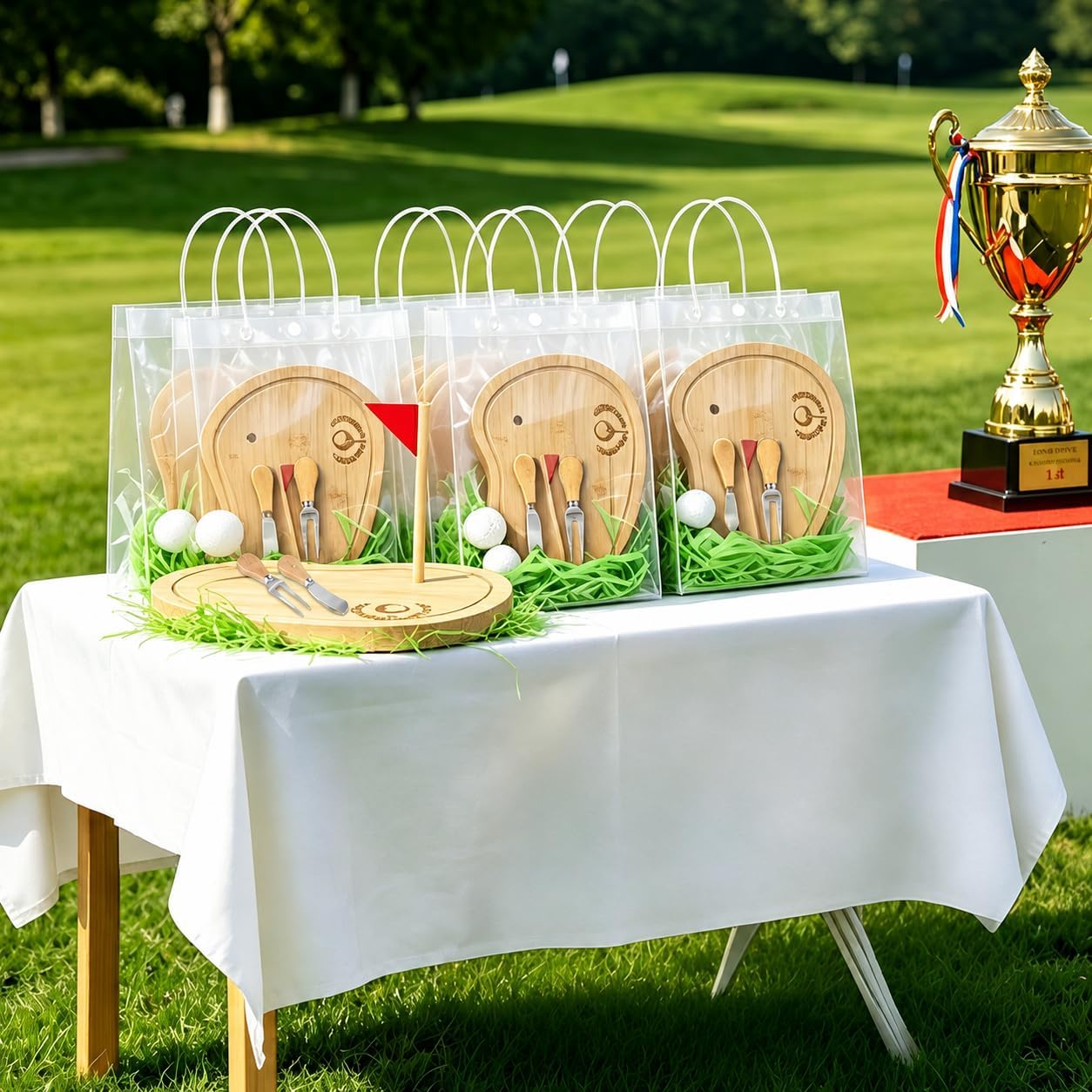 Golf Cheese Board Gift Set, 4 Sets Bamboo Golf Charcuterie Board with Cheese Knives and Gift Bags, Golf Cutting Board with Laser Engraved Golf Ball Design for Tournament Prizes, Golf Party Favors