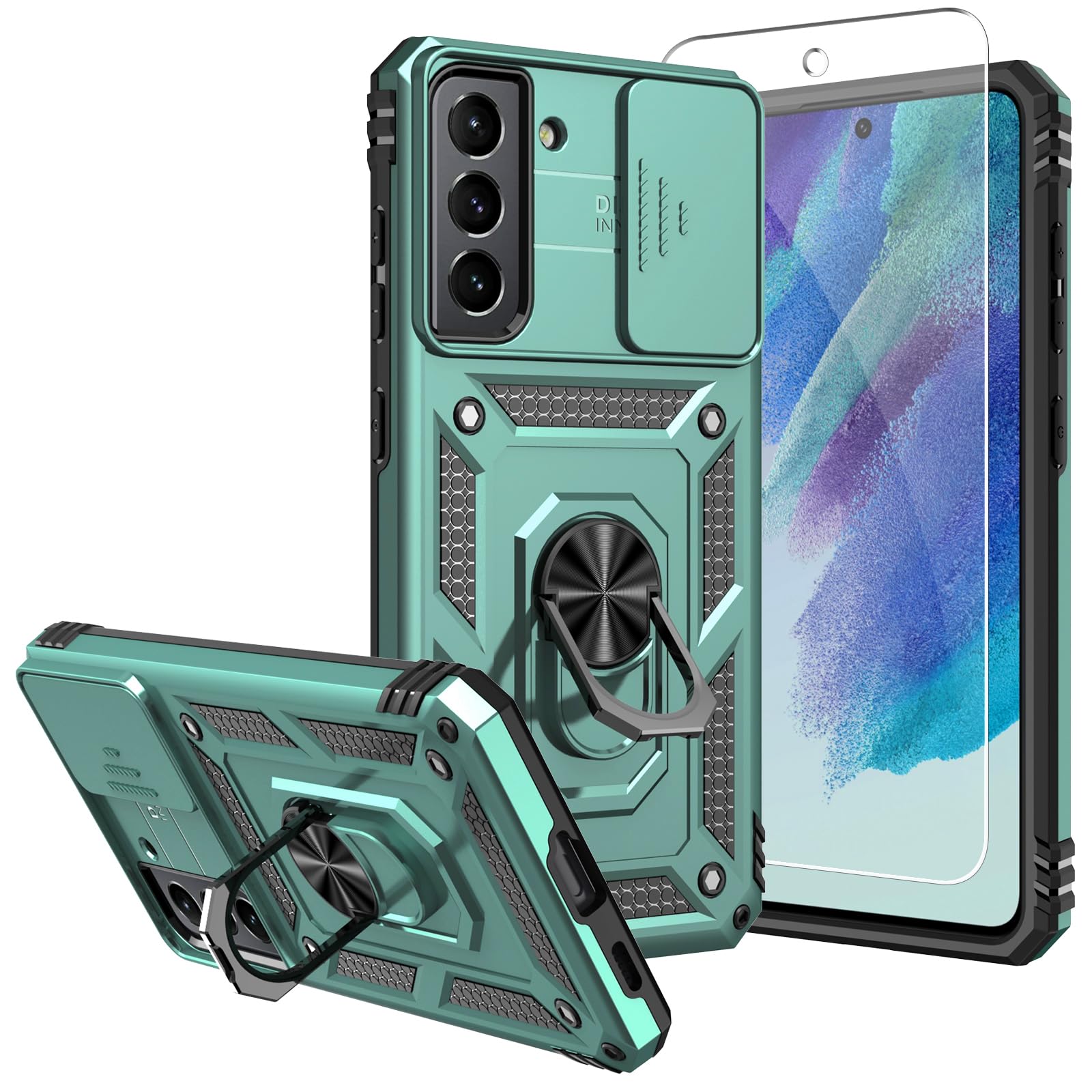 for Samsung Galaxy S21 FE 5G Case,with Screen Protectors and Camera Cover,[Military Grade] 16ft.Drop Tested Cover with Magnetic Kickstand Protective