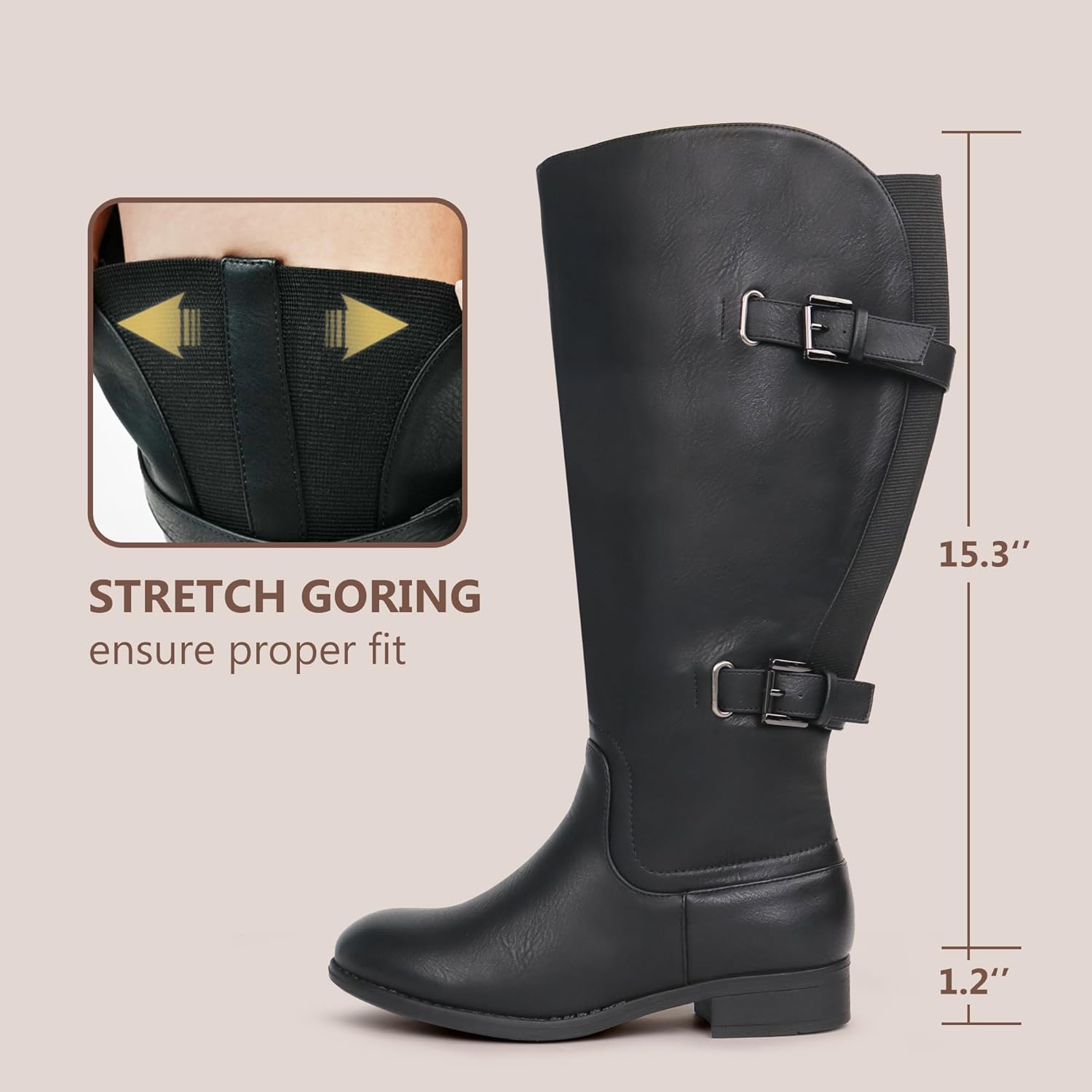 Women's Classic Extra Wide Calf Flat Heel Double Buckle Back Stretch Knee High Boots