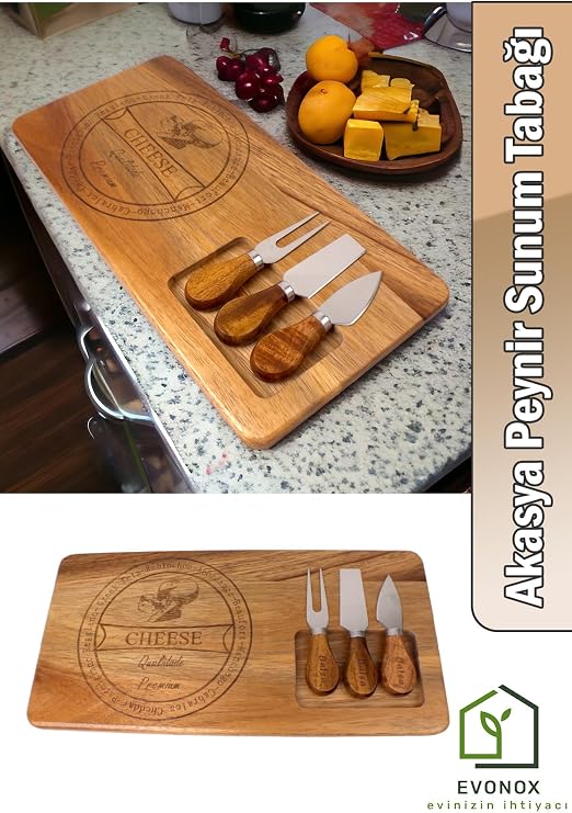 Deconox 4 Piece Acacia Tree Cheese Presentation Plate Set - Natural Wood Cheese Presentation Tray - Stylish Serving Board and Cutlery Set - For Hospitality and Kitchen