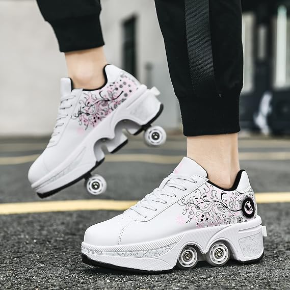 Roller Skate Shoes for Women Four Rounds Children's Roller Skates Shoes that Turn into Rollerskates Sneakers Outdoor Light Shoes with Wheels for Girls/Boys