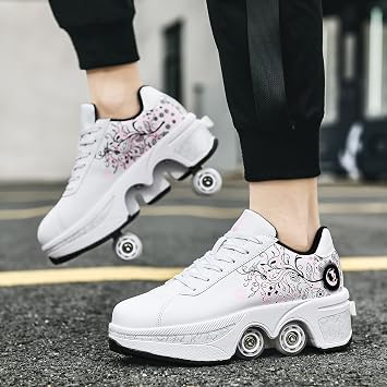 Roller Skate Shoes for Women Four Rounds Children's Roller Skates Shoes that Turn into Rollerskates Sneakers Outdoor Light Shoes with Wheels for Girls/Boys