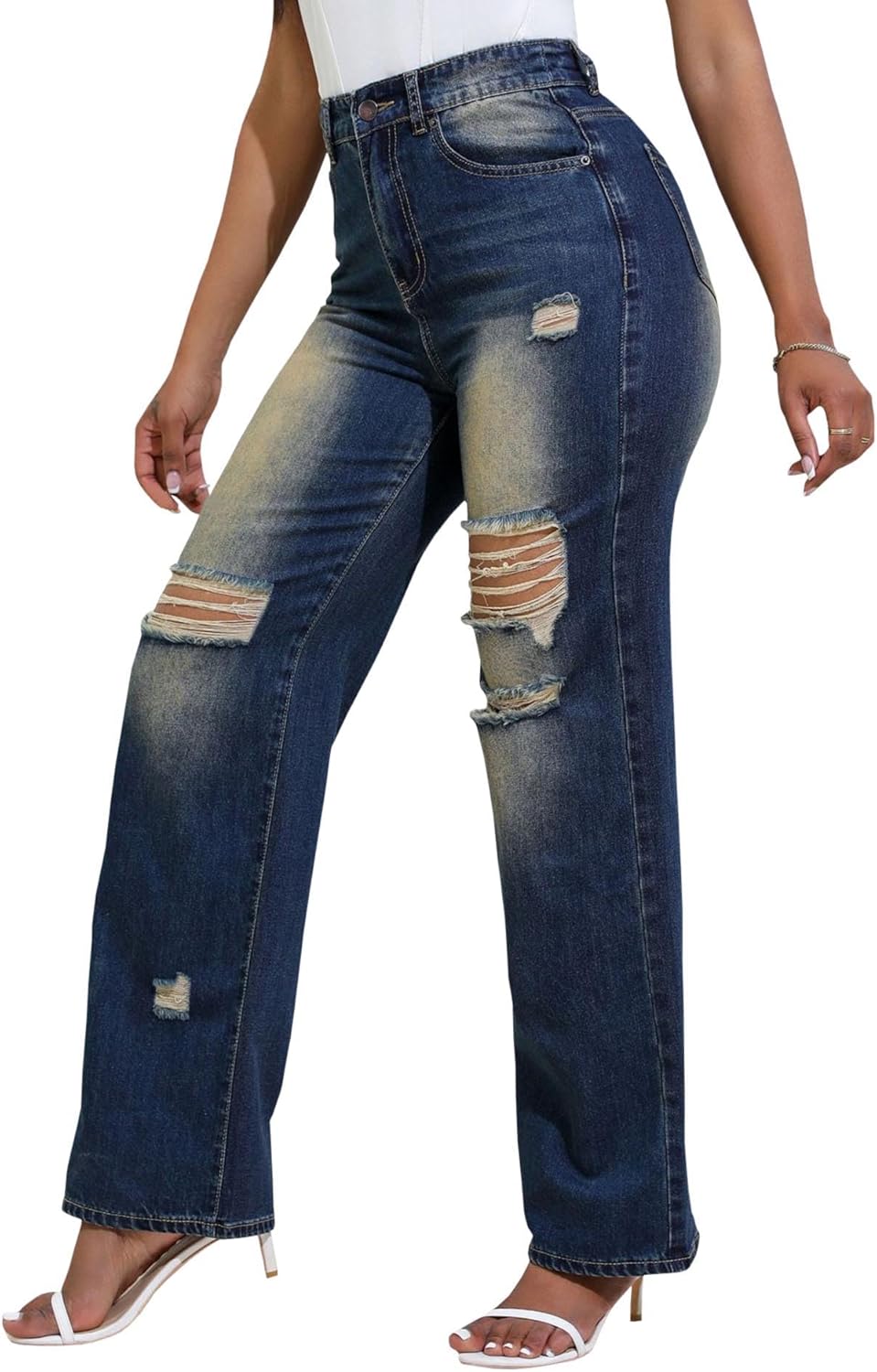 Sexyshine Women's High Waist Straight Leg Ripped Jeans Baggy Loose Washed Distressed Cut Out Y2K Denim Pants - Image 2