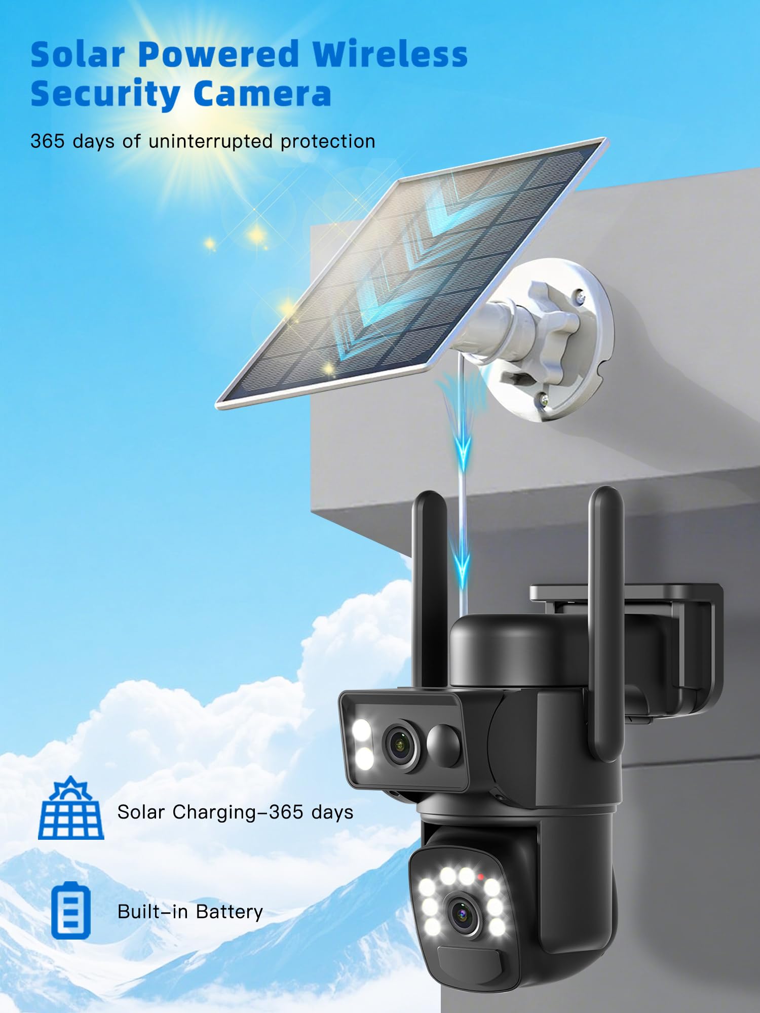 Telecamera Di Sorveglianza Esterna WiFi ABISO 8MP - PTZ 360°, Doppia Lente, Pannello Solare, Visione Notturna A Colori