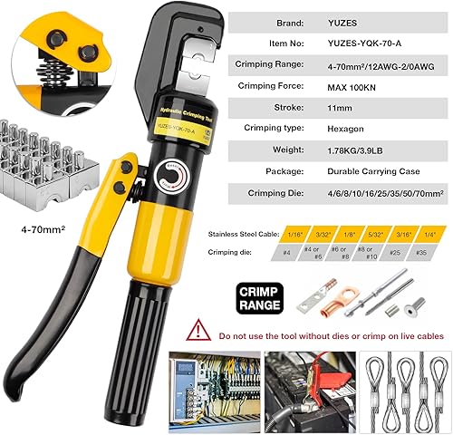 Miniatura 2 de Herramienta de prensado hidráulico de 10 toneladas de 12 AWG a 00 (20), herramienta de prensado de cable de batería con molde hexagonal de