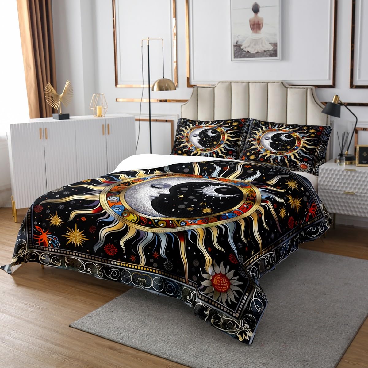 Homemissing Sun and Moon Quilted Bedspread Black White Gold Quilted Bedspread for Kids Boys Girls Boho Exotic Style Coverlet Set Bohemian Floral Quilted Bedroom Collection 3Pcs Double - Image 3