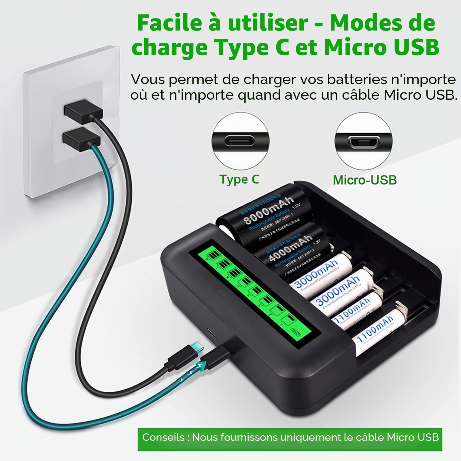 CITYORK 4pcs D Cell 8000mAh Piles Rechargeables avec 8 Fentes AA/AAA/C/D Ni-MH Chargeur de Batterie Ni-CD