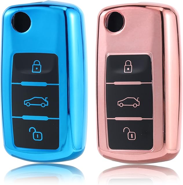 Betterher Etui na kluczyki samochodowe z 3 przyciskami, kompatybilne z VW Golf, etui na klucze, kompatybilne z Volkswagenami Polo, Passat, Skoda Seat (2 szt. niebieskie + różowe etui na klucze)