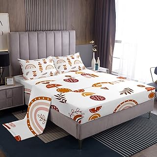 Erosebridal Rainbow Fitted Sheet, Flower Branches Bed Sheet Full Size for Kids Girls Child Teens Women, Cartoon Style Floral Sheet Set Bohemian Iridescent Bedding Set 4 Pieces with 2 Pillow Cases