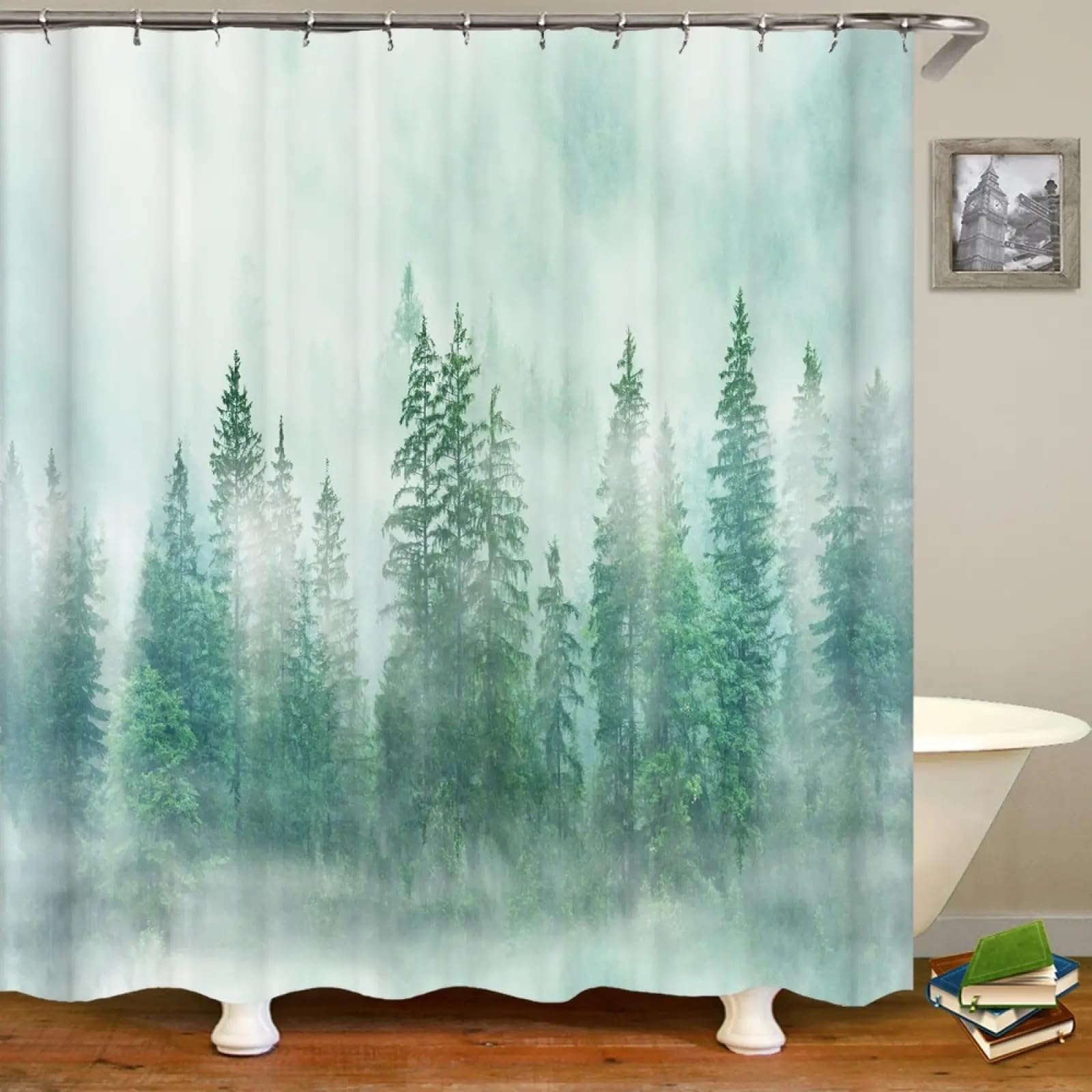 Rideau de douche imprimé forêt brumeuse en tissu noble pour salle de bain