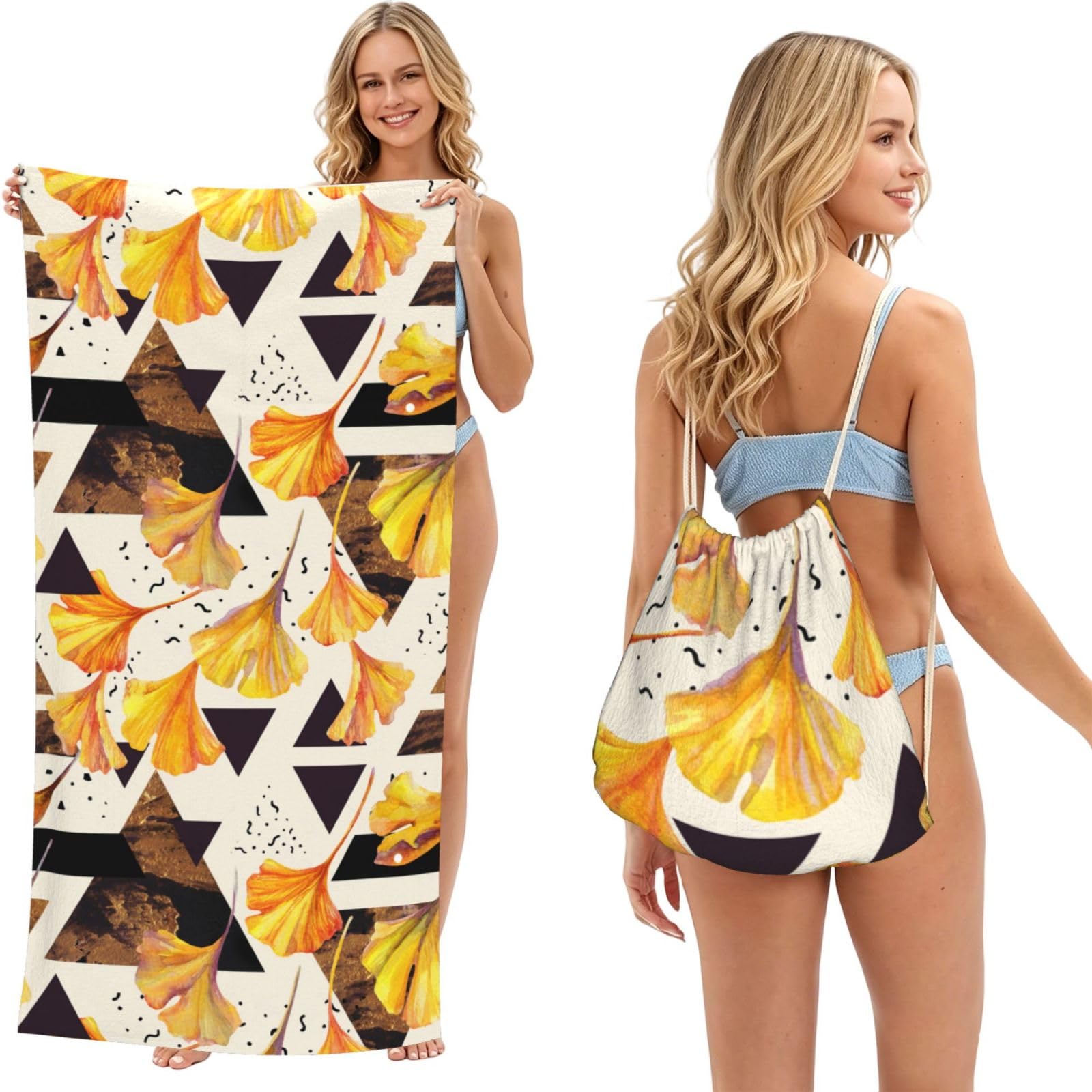 Poadnly As Picture Autumn Colors Ginkgo Leaves, 2 In 1 Packable Towel Bag, Beach Towels With Drawstring Backpack For Travel Holiday Camping