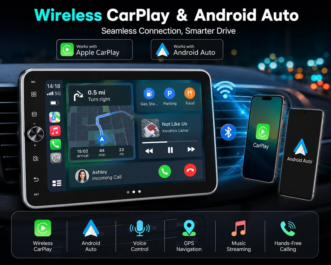10.1 Inch Single DIN Car Stereo with Wireless CarPlay, Bluetooth 5.2, 720x1280 IPS Rotatable Touchscreen, FM AM RDS Radio with Android Auto, USB/Type-C Fast Charging, Backup Camera, Hands-Free Calling