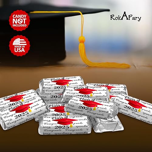 Miniatura 6 de 60 tapas de graduación para fiesta clase de 2025 en miniatura, juego de 60 mini calcomanías de barra de chocolate con caramelo, etiquetas, dulces no