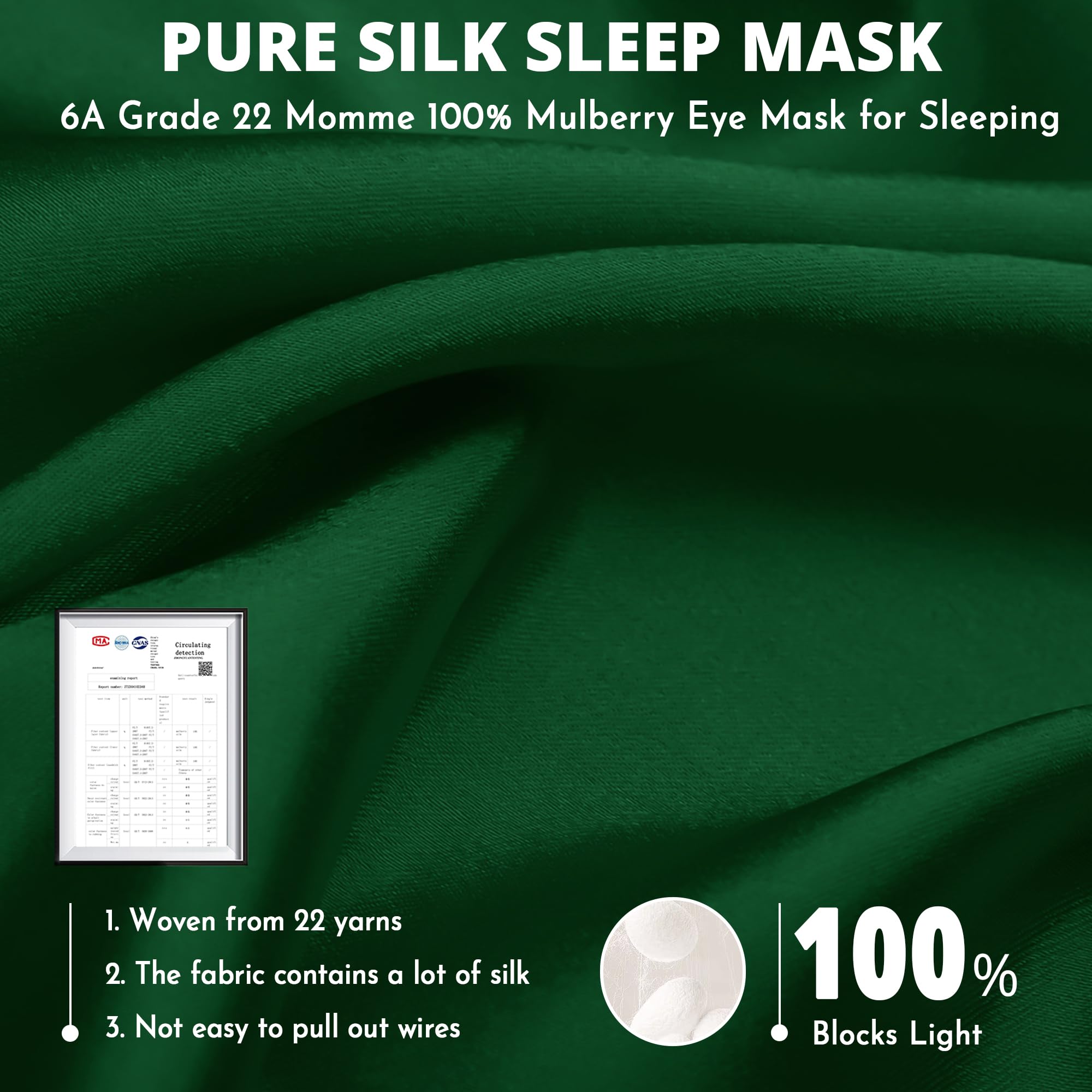 Mascherina per dormire, 100% seta di gelso, 22 momme, oscurante, con cinghie regolabili, per donne e uomini, imbottitura con 100% seta di gelso (verde)
