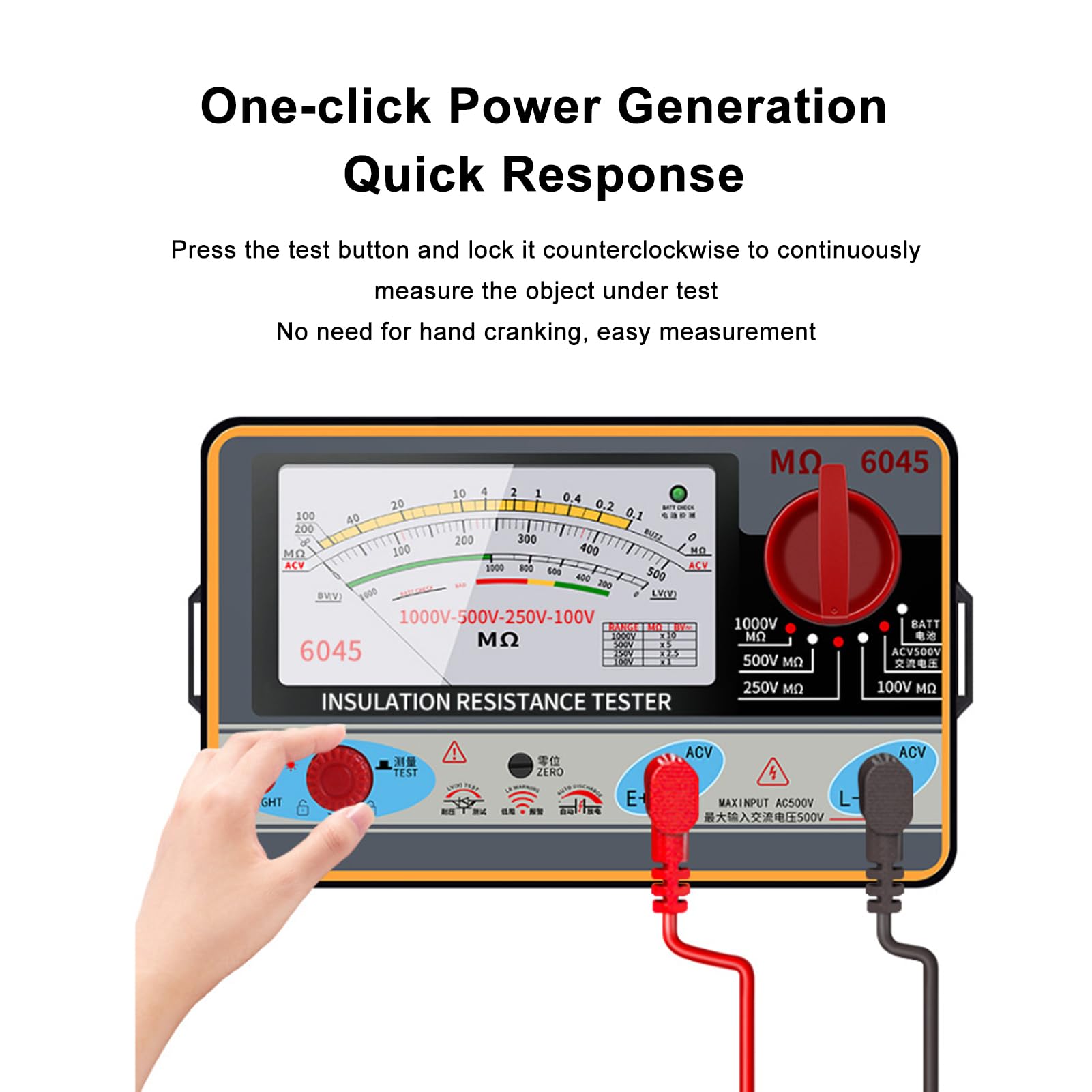 TY6045 Testeur de Résistance D'isolement avec Affichage à Cadran Clair Support Autobloquant Électricien Megohm Meter Testeur de Terre Numérique 5MΩ‑2000MΩ