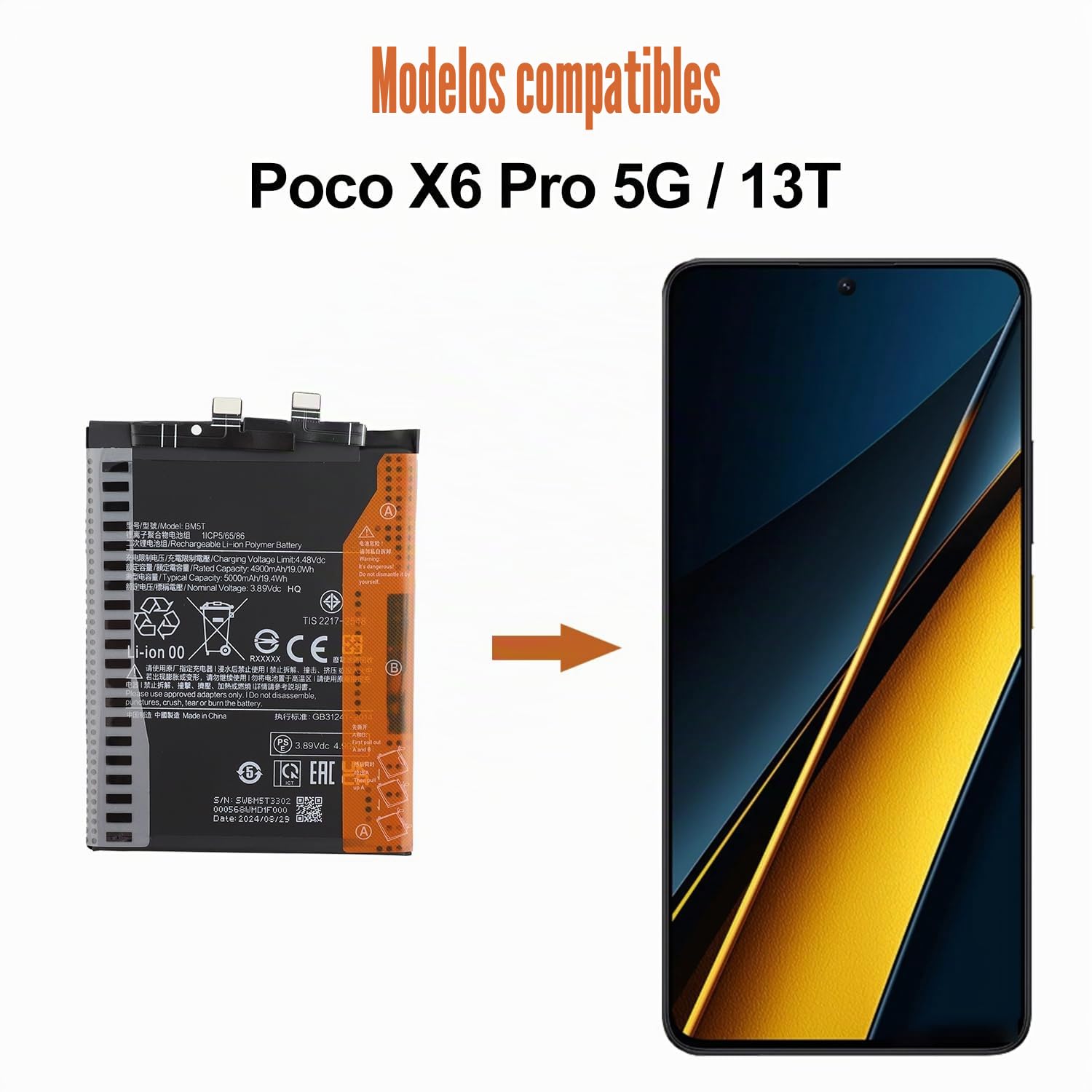 Duotipa Batería de repuesto BM5T solo compatible con Xiaomi Poco X6 Pro 5G / Xiaomi 13T batería con kit de herramientas de reparación