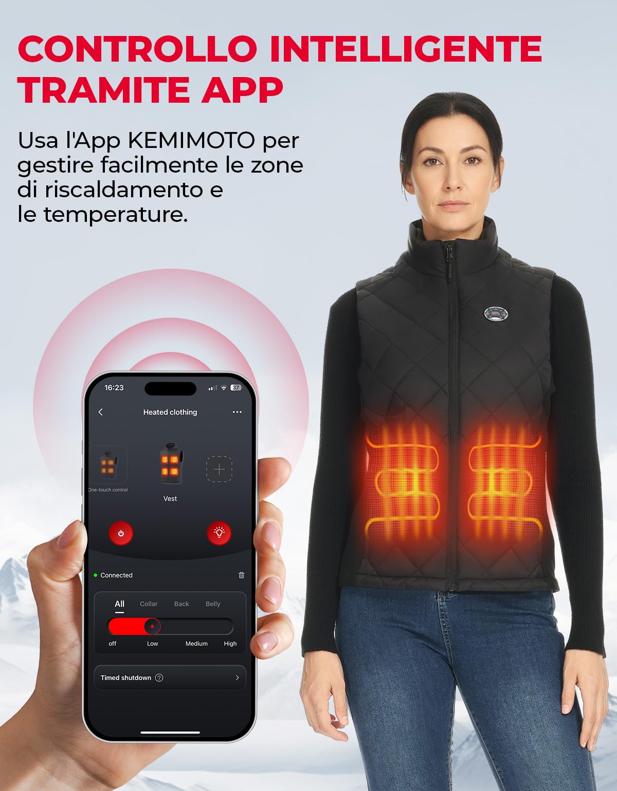 KEMIMOTO Gilet Riscaldato Donna, Elettrico Gilet Riscaldato con Telecomando APP, Giubbotti Riscaldati con Batteria da 10000 mAh per Sci, Escursionismo, Campeggio e Attività all'aperto