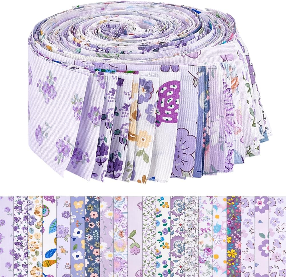 WEBEEDY 40 Pcs Jelly Roll Fabric Strips for Quilting, 20 Styles Purple Flower Quilting Strips Soft Cotton Fabric Bundles Strip Ribbon for Sewing DIY Craft Clothes Rug Purse Home Decor, 2.6x39.4 inch