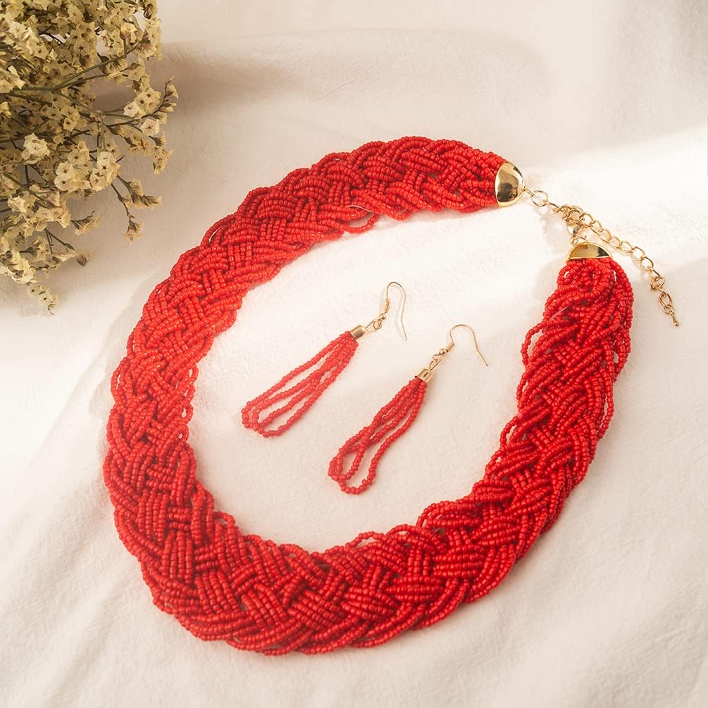 Miniatura 2 de Yackrola Collar bohemio grueso de cuentas de semillas grandes, collar bohemio grande con cuentas con aretes de cuentas para mujer, esposa y madre