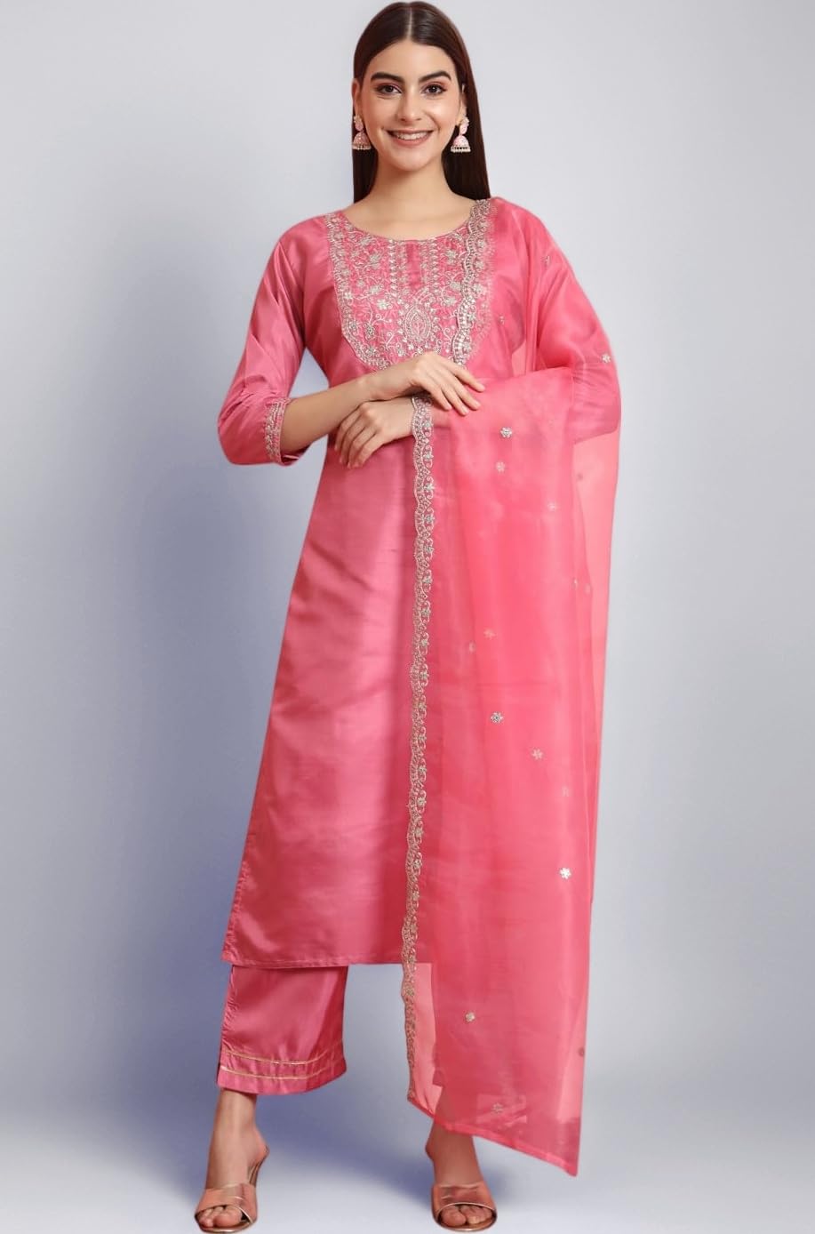 VredeVogel Women's Silk Blend Embroidered Kurta with Pant & Dupatta Set