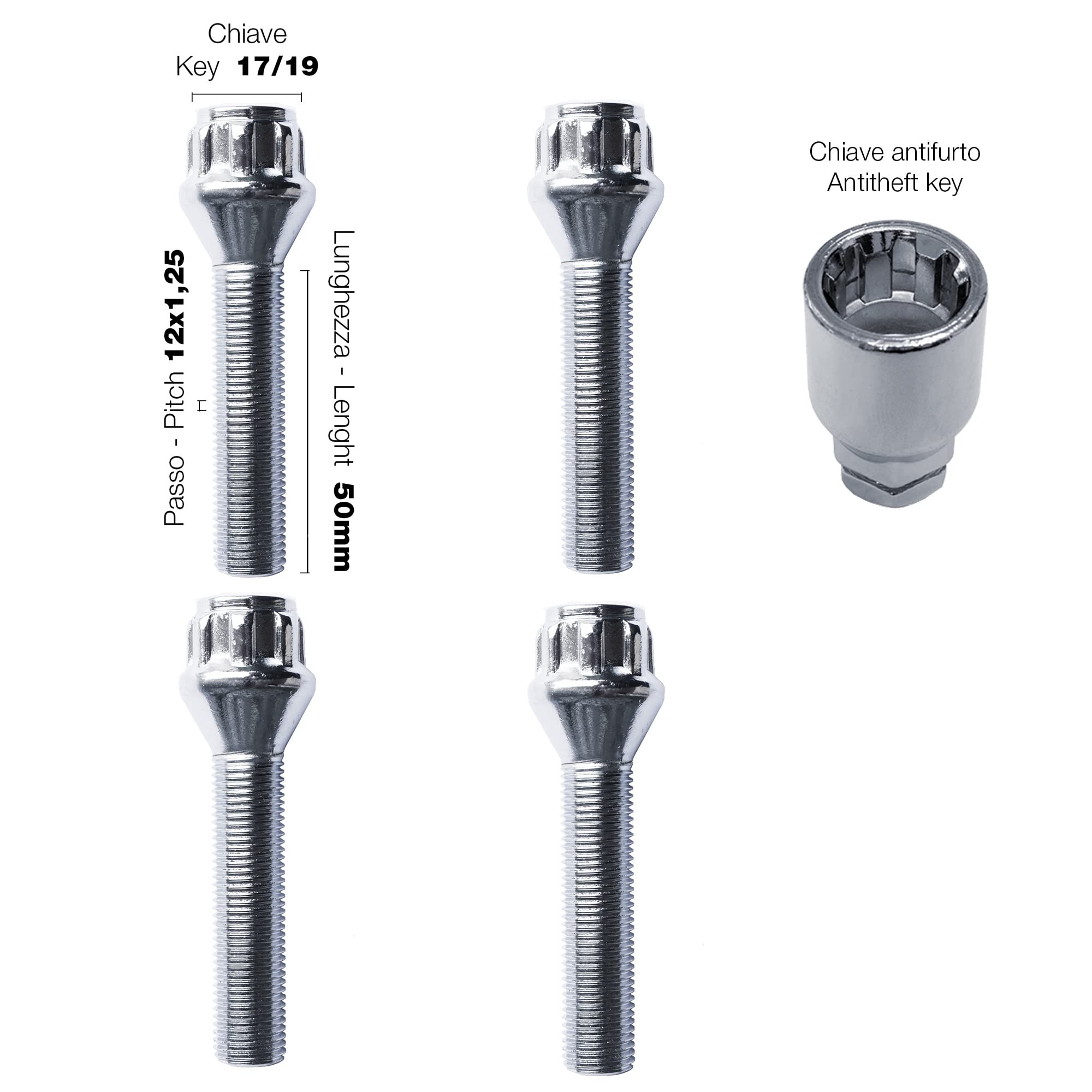 SIMONI RACING BRA/60 Kit 4 pernos antirrobo - Tornillos antirrobo para ruedas llave 17-19 M12x1.25 Longitud 50 mm