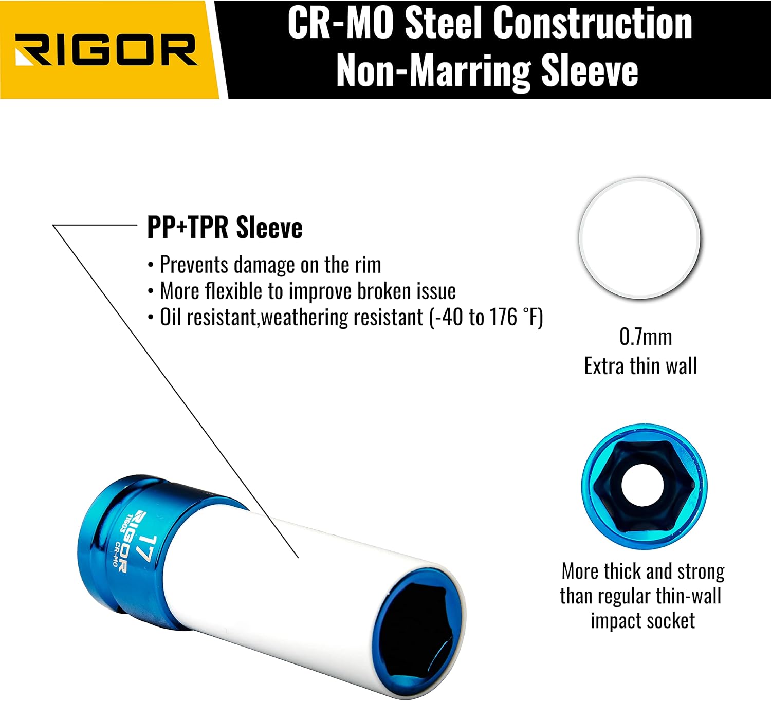 RIGOR 11516 Non-Marring Lug Nut Socket Set | Wheel Protector Impact Socket Set | 1/2" Drive, 6 Point, CR-MO | Metric 17mm, 19mm, 21mm, 22mm