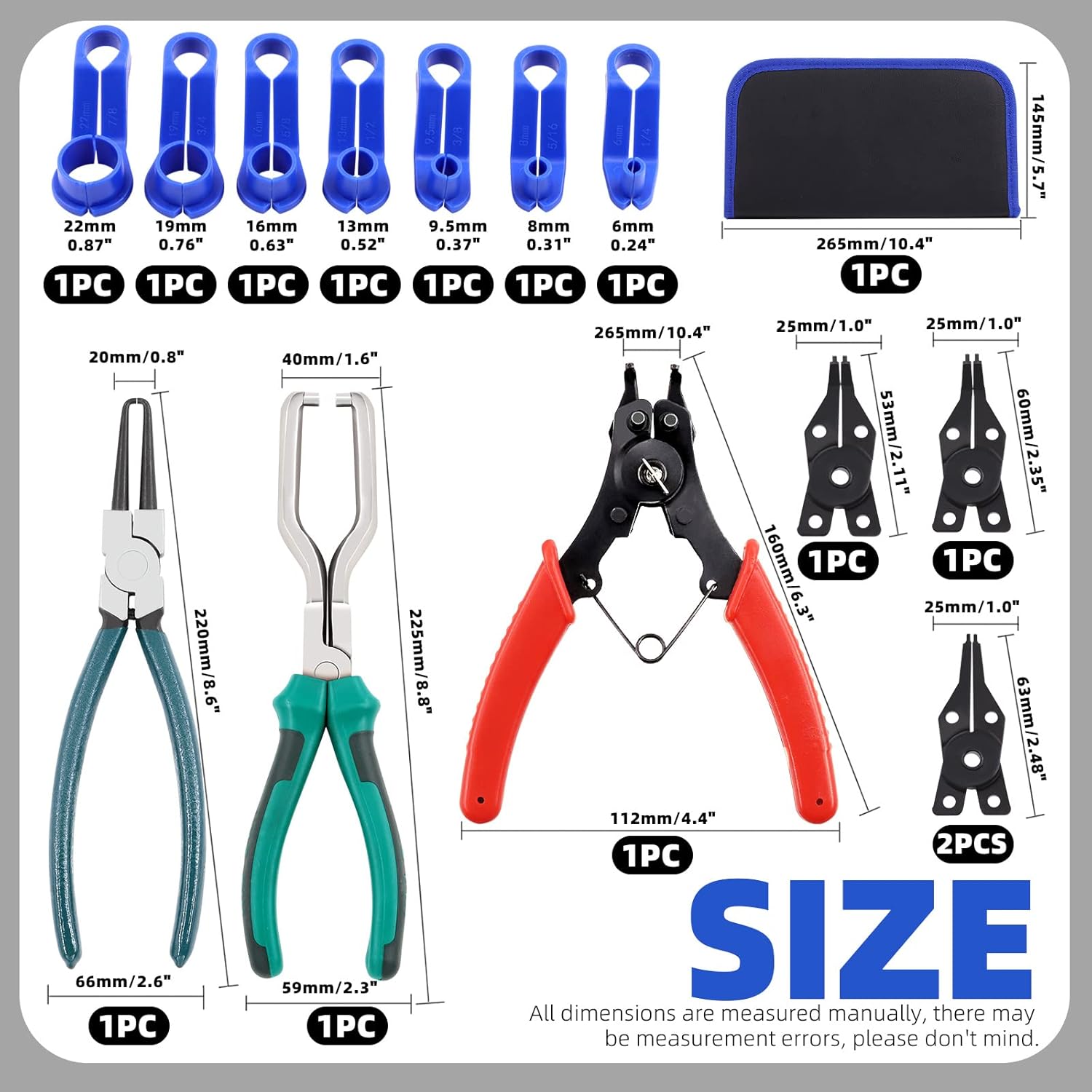 Glarks 10Pcs Fuel Line Pliers Kit, 9 Inch Fuel Filter Calipers and Hose Pipe Clamp Disconnect Release Removal Pliers and 4 in 1 Snap Ring Pliers with 7pcs AC Fuel Line Disconnect Tool Set