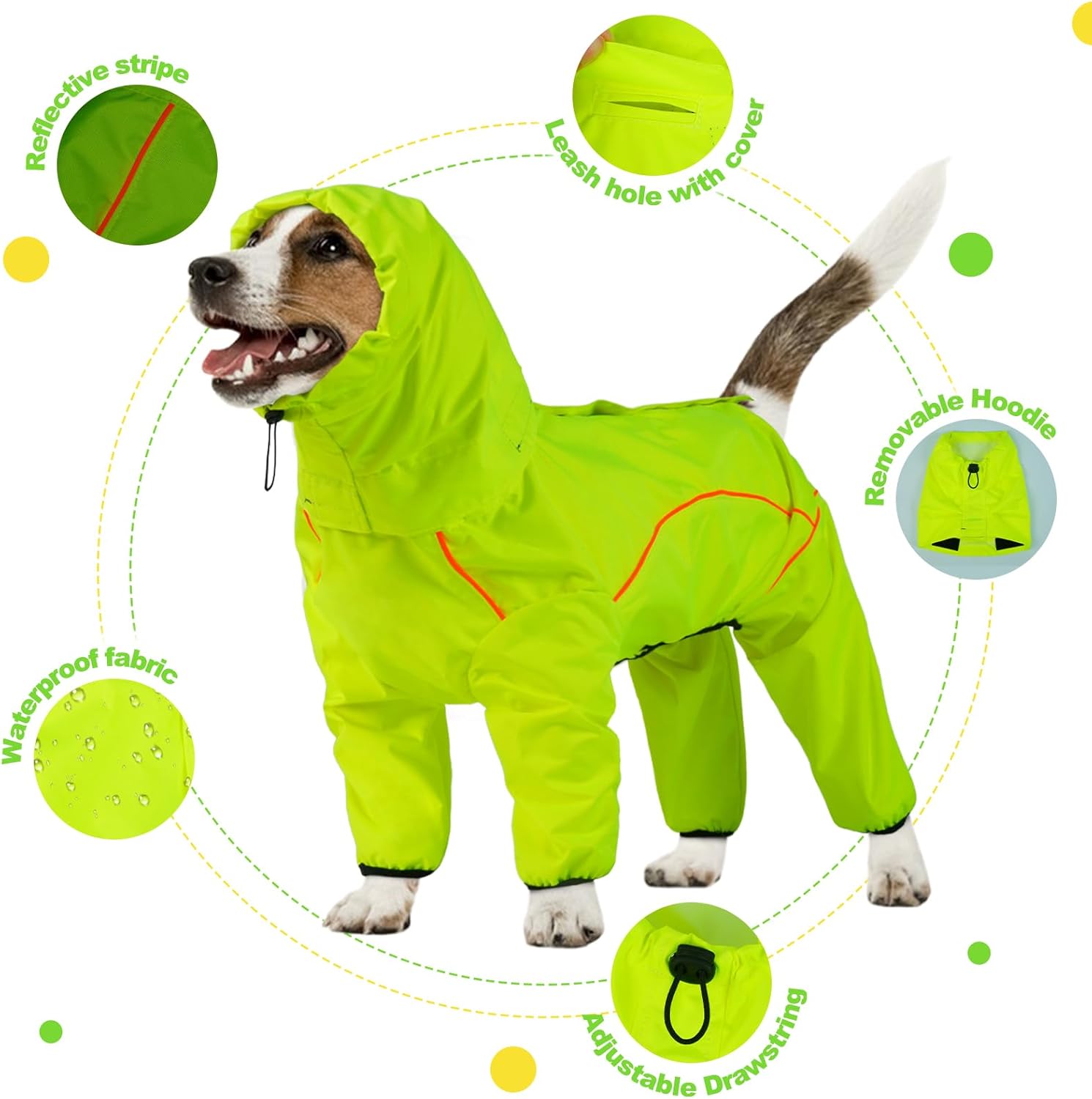 ADNIKIA Dog Raincoat, Waterproof Dog Rain Jacket with Removable Hood?Adjustable 4 Legs Pet Poncho with Leash Hole?Reflective Stripe Hooded Snowproof Windproof Clothes for Small to 3X-Large Dogs, L L Green