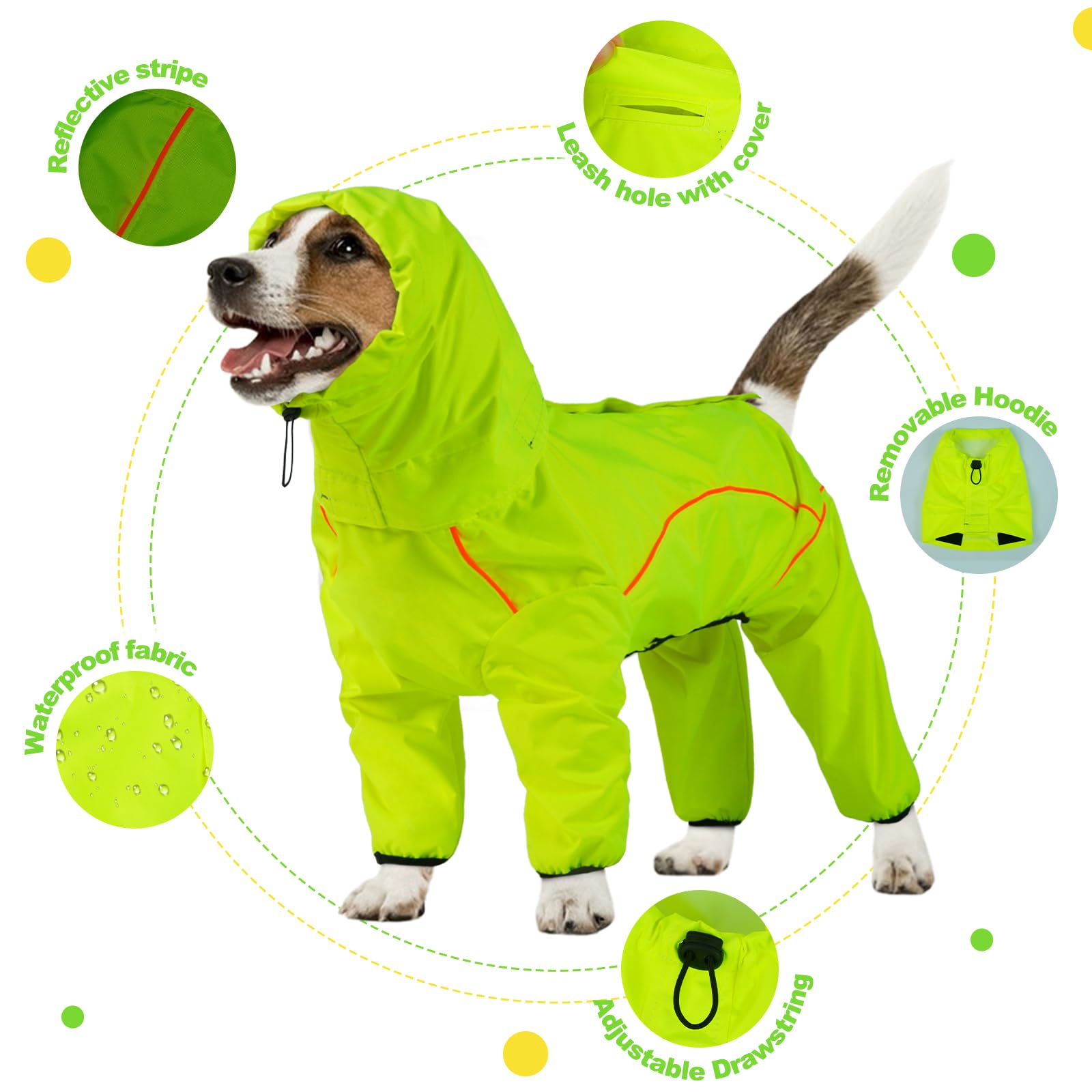 Impermeabile per cani, giacca impermeabile per cani con cappuccio rimovibile, poncho regolabile a 4 gambe con foro per guinzaglio, strisce riflettenti con cappuccio anti-neve, vestiti