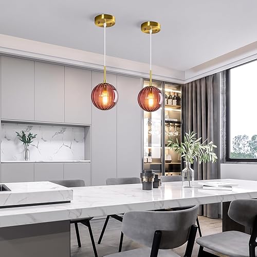 Miniatura 3 de Modernas luces colgantes de cristal rojo para isla de cocina, a rayas nórdicas, mini iluminación colgante, acabado dorado, lámpara colgante para