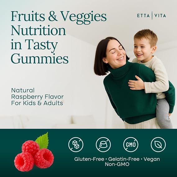 (120 Chews) Fruits and Veggies Supplement - Super Greens Gummies (9 Superfruits & 30 Veggies) Mushrooms, Fruit and Vegetable Vitamins, Non-GMO, Pectin-Based, Gluten-Free, No Capsules