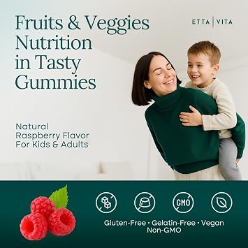 (120 Chews) Fruits and Veggies Supplement - Super Greens Gummies (9 Superfruits & 30 Veggies) Mushrooms, Fruit and Vegetable Vitamins, Non-GMO, Pectin-Based, Gluten-Free, No Capsules
