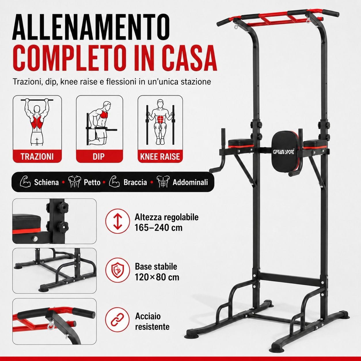 Power Tower Multifunzione Sbarra Trazioni Autoportante Regolabile 165-240 cm, Acciaio, Nero e Rosso, 120x80 cm