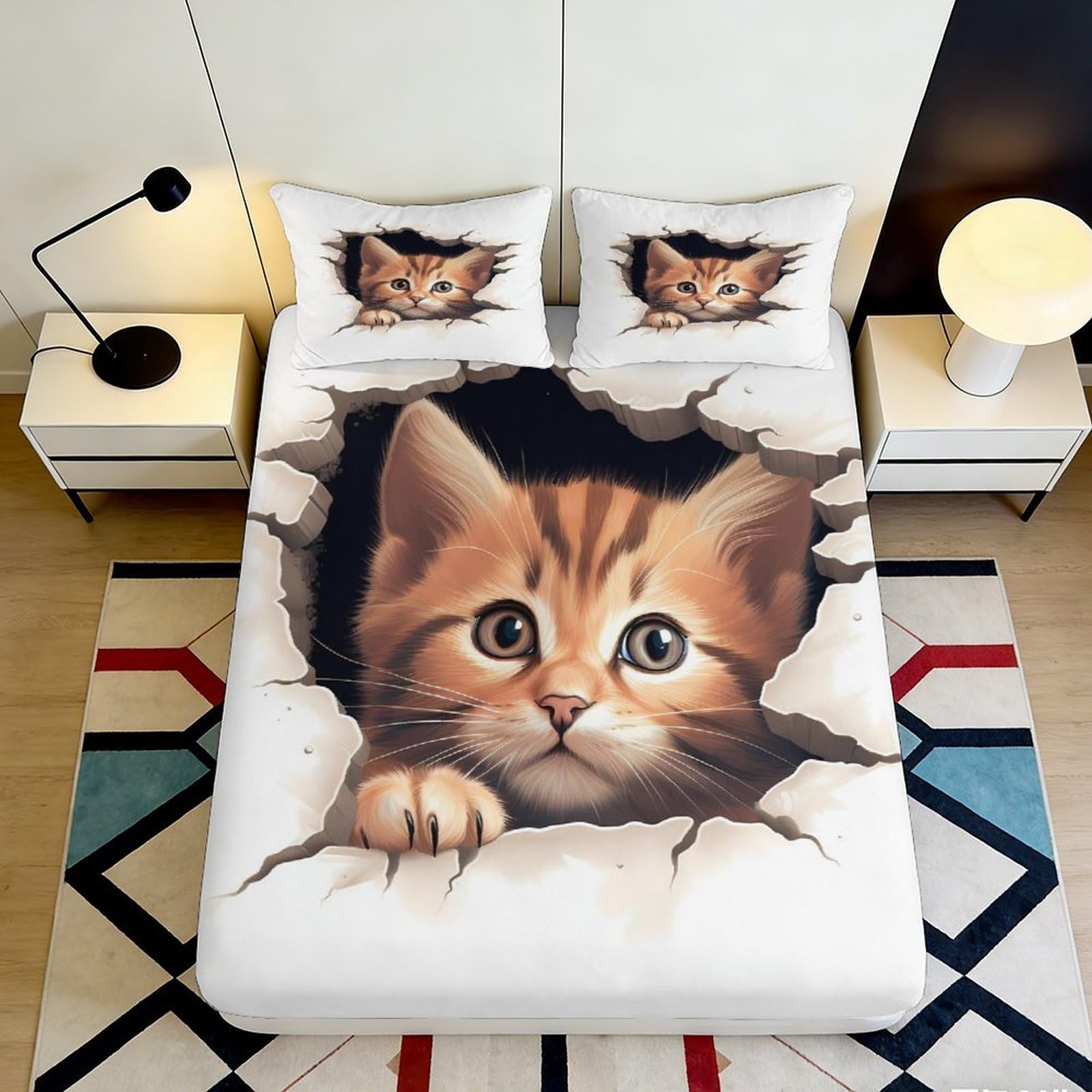 3D Printed Cat Breakthrough Fitted Sheet Microfiber Soft Non-slip Mattress Cover for Bedroom Guest Room Machine Washable 90x200x25cm