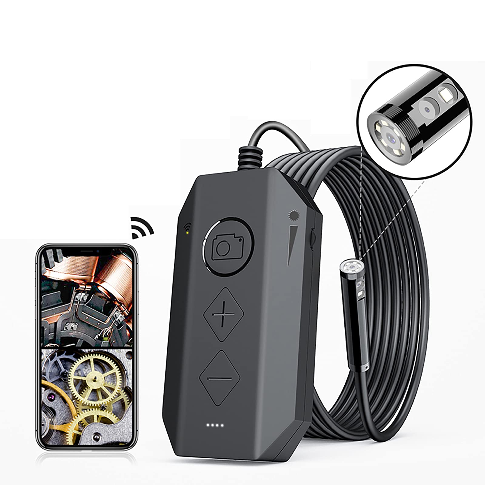 ERNZI Endoscopio Telecamera Di Ispezione Wireless Doppia Lente Wifi Endoscopio IP67 Impermeabile Zoom Ultra-Sottile 1080P HD Endoscopio Telecamera Con 6 Luci LED, Batteria 2600mAh,Nero,5M