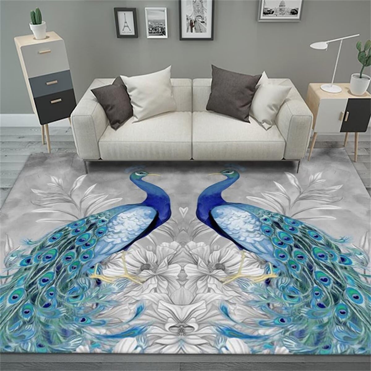Tapis pour enfants chambre grand format 160x280cm gris avec motif oiseau bleu