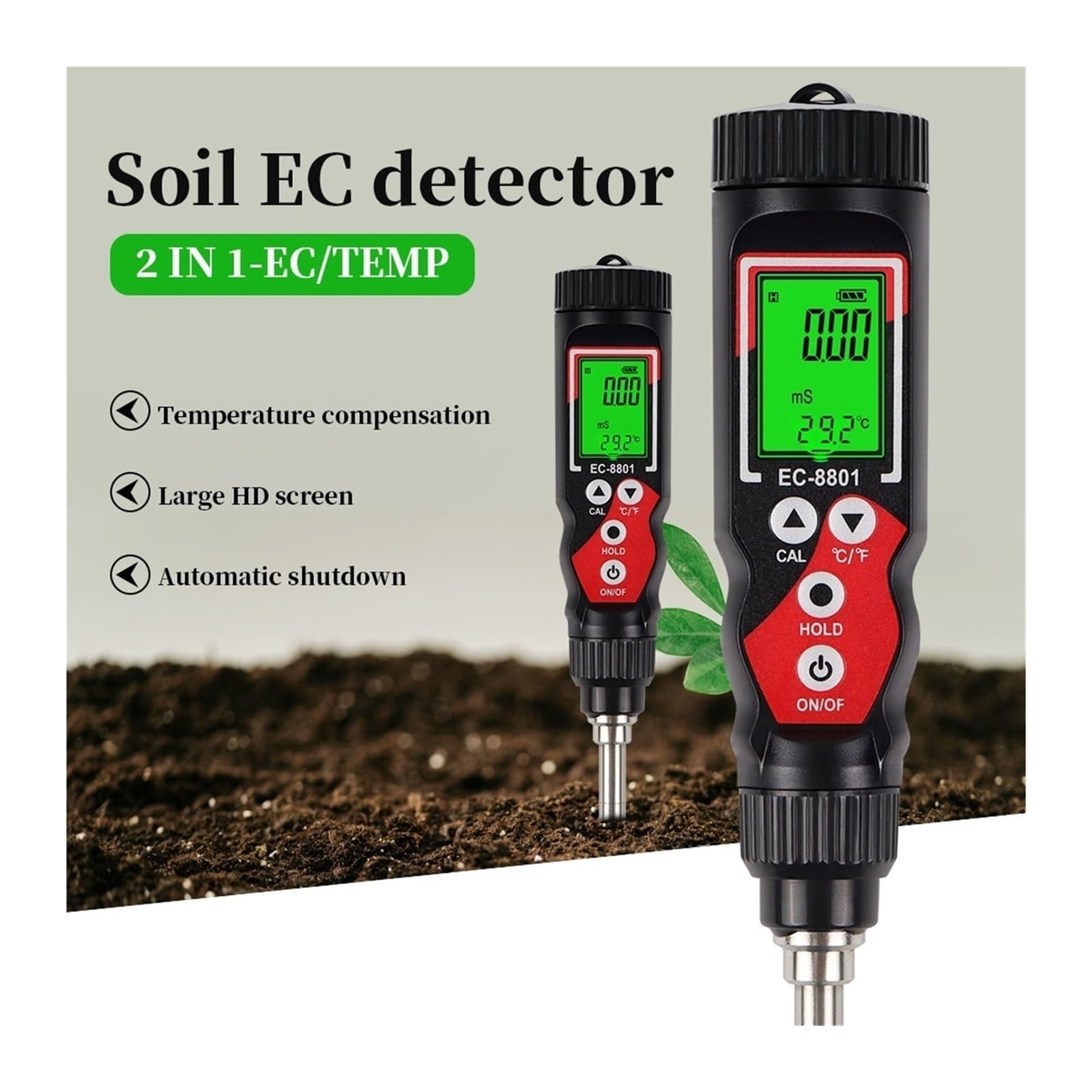 Testeur de Sol Haute précision 0,00-10,00 mS/cm EC Meter LCD numérique EC/Temp 2 en 1 Détecteur ATC Détection température for Jardin et Ferme Jardinage, Agriculture