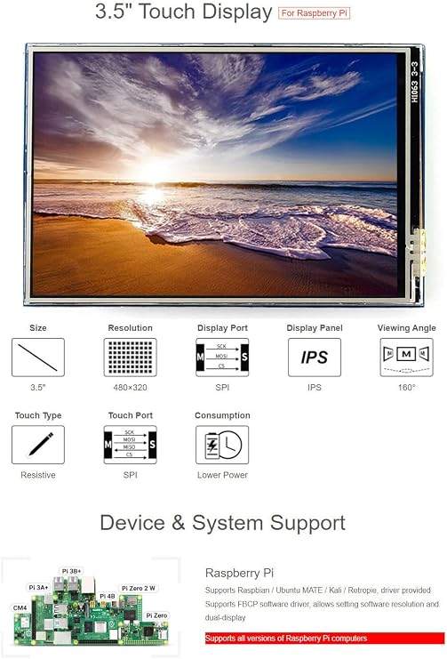 Waveshare 3.5 Resistor Touch Display, Compatible with Raspberry Pi 5/4B/3B/Zero/Zero W/Zero 2W/Pico/Pico W/Pico WH, 480x320, IPS Screen, SPI