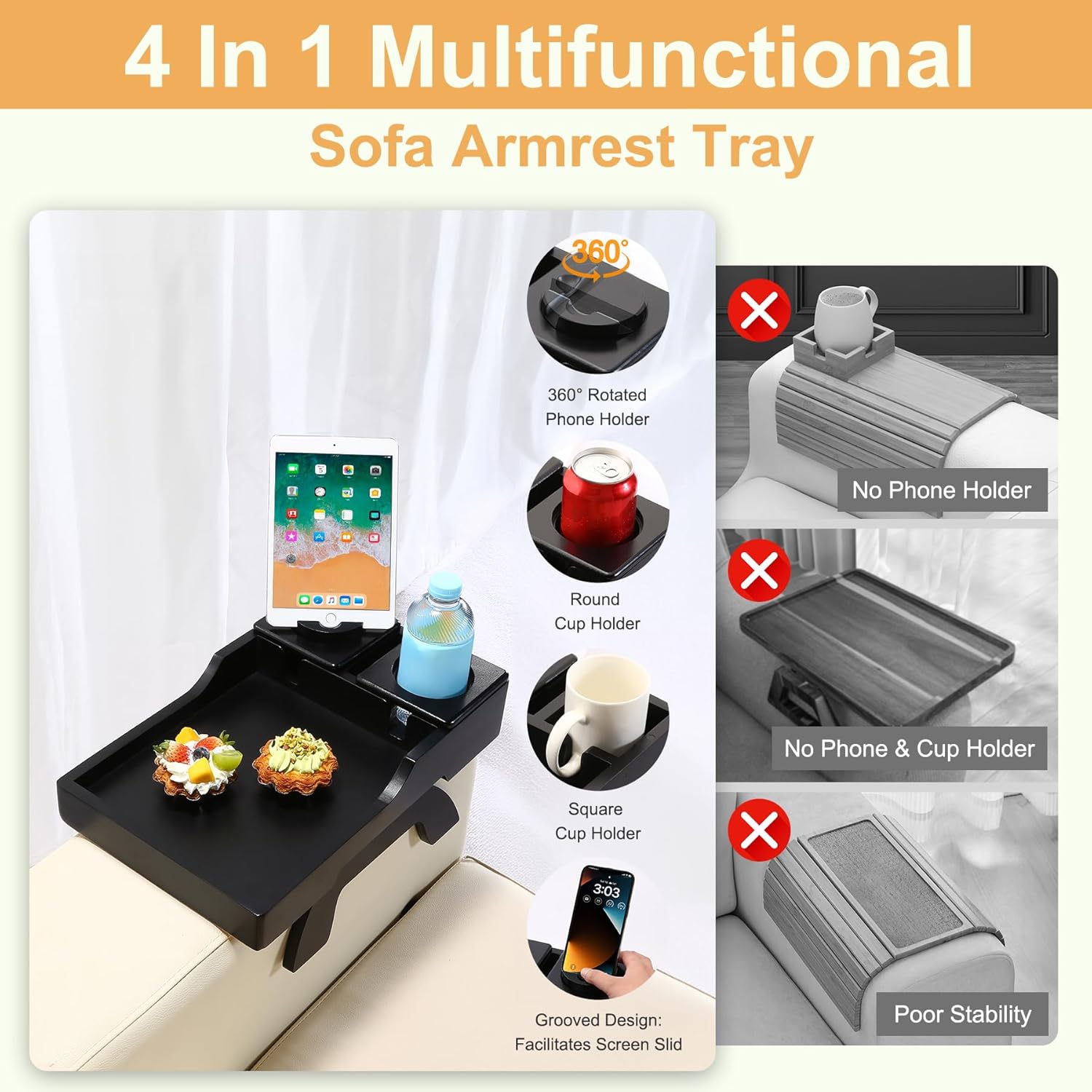 Sofa Arm Tray Table, 4-in-1 Large Couch Armrest Table with Cup Holder & Rotating Phone Bracket, 15.3" x 9.8" Clip-on Couch Tray, for Snacks/Remote Control/Coffee Cup/Mobile Phone