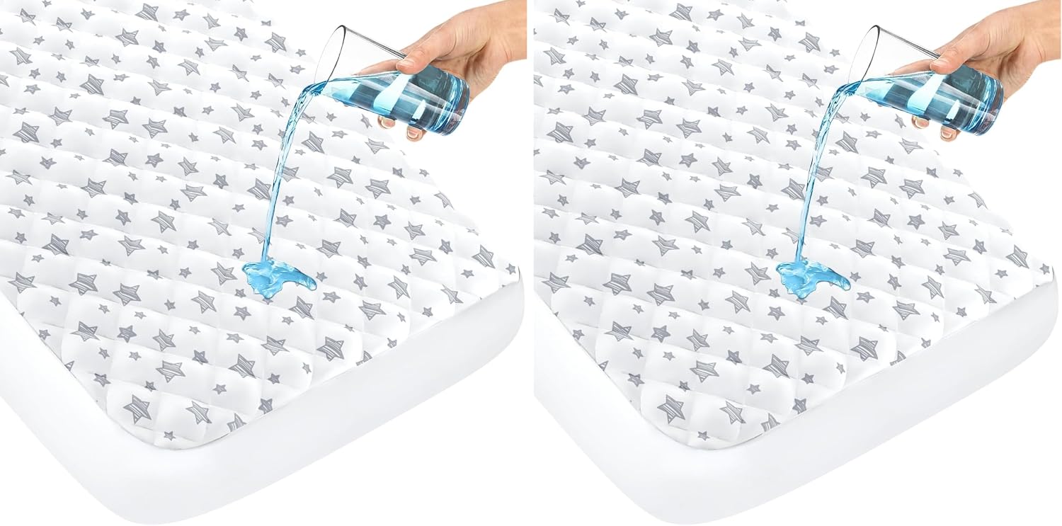 Crib Mattress Protector Waterproof, Quilted Crib Mattress Pad Cover 52" x 28" Extra Soft Breathable Toddler Bed Cover Stretch Up to 8", White Star (Pack of 2)