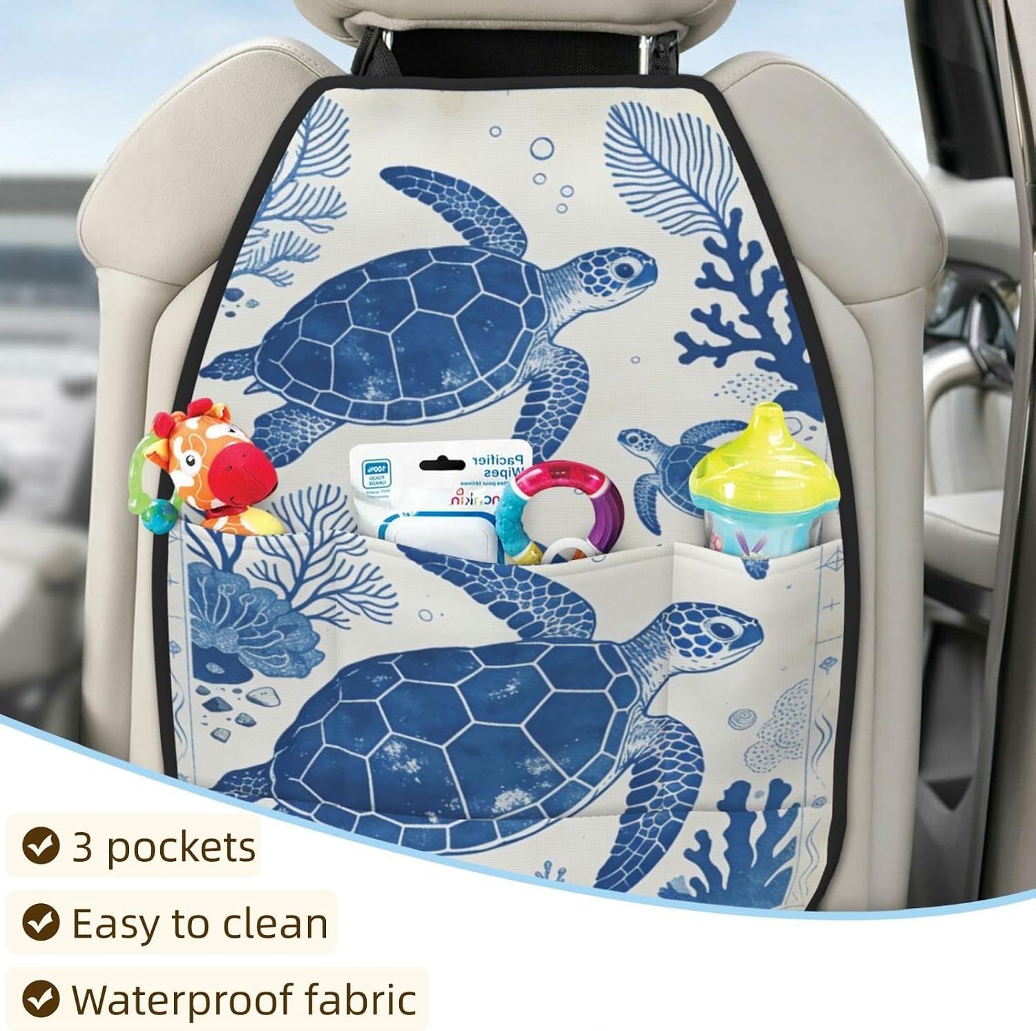 Car Seats Back Protector 2 PCS with 3 Pocket Organizer, Car Seat Back Protectors For Vehicles To Protect From Dirt Scratches Mud for Jeeps Trucks and Cars SUV - Sea Turtle