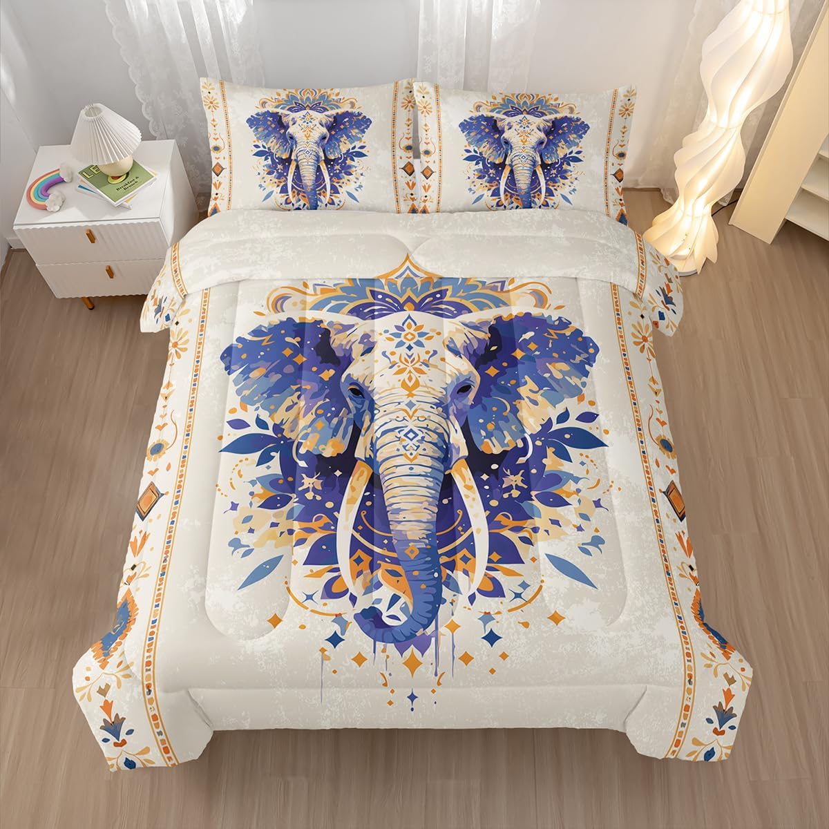 Nttopship Ethnic Elephant Comforter Bedding Set with 2 Pillowcase Queen Size Wild Animals Comforter Set for Kids Boys Girls Bedroom Decor