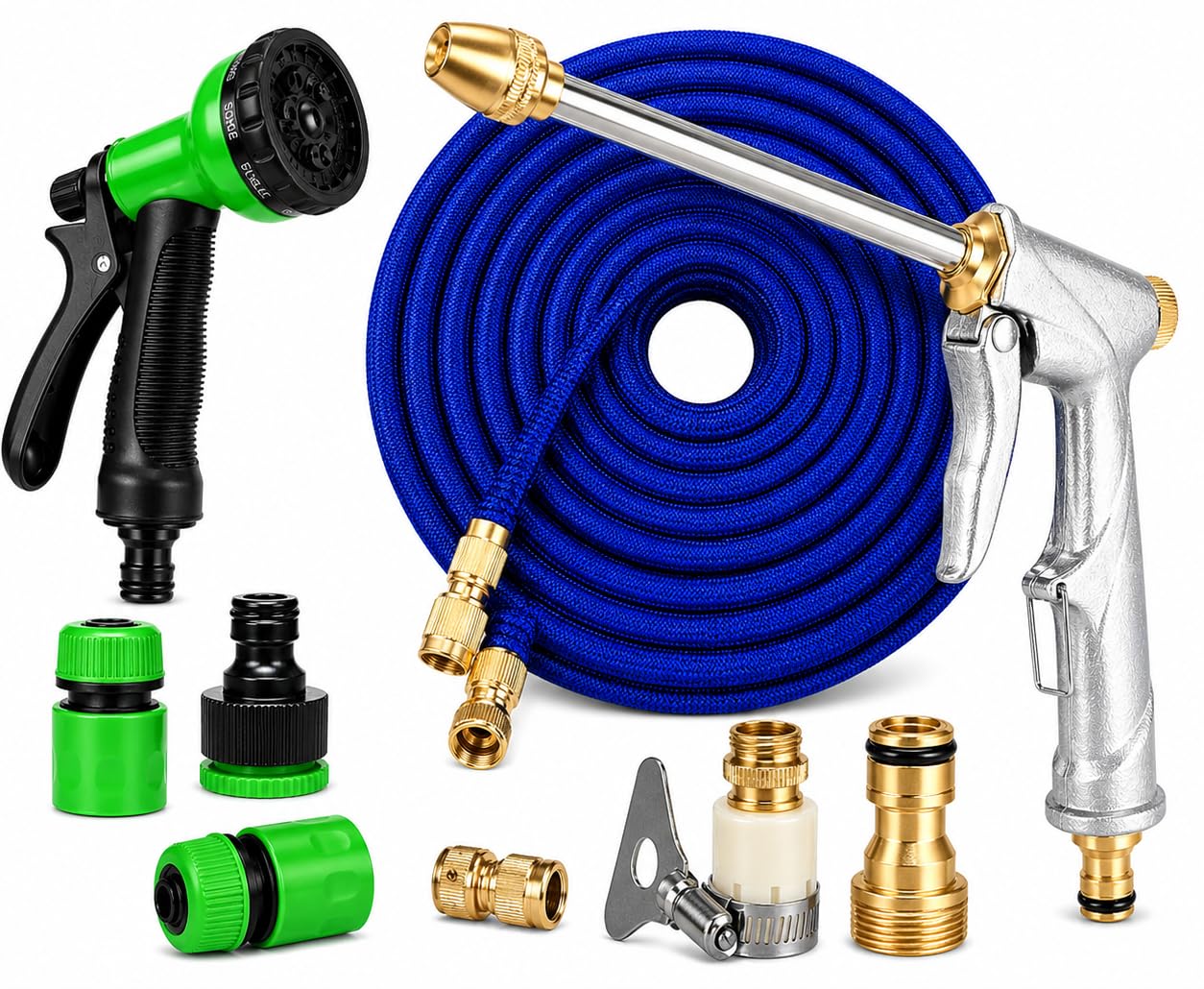 Up to 30M /100ft Expandable Hose Pipe 6 Mode Jet Spray Gun Garden Patio Car Wash (Hose Pipe with Sprinkler Gun - Blue)