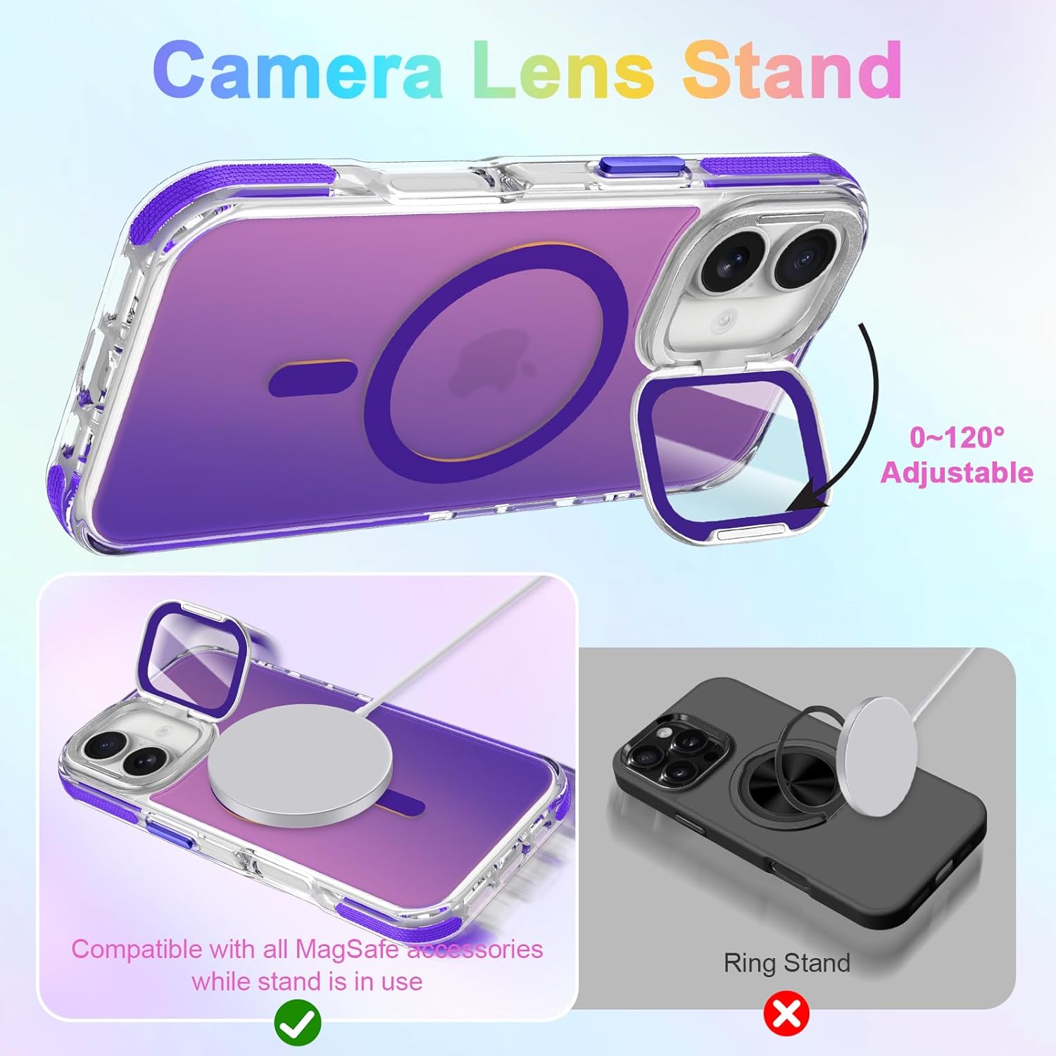 Cute Case for iPhone 17 Case with Camera Lens Protector Stand for Women Girls Men [Compatible with Magsafe] Aesthetic Glitter Sparkly Bling Magnetic Phone Cover, Iridescent Purple