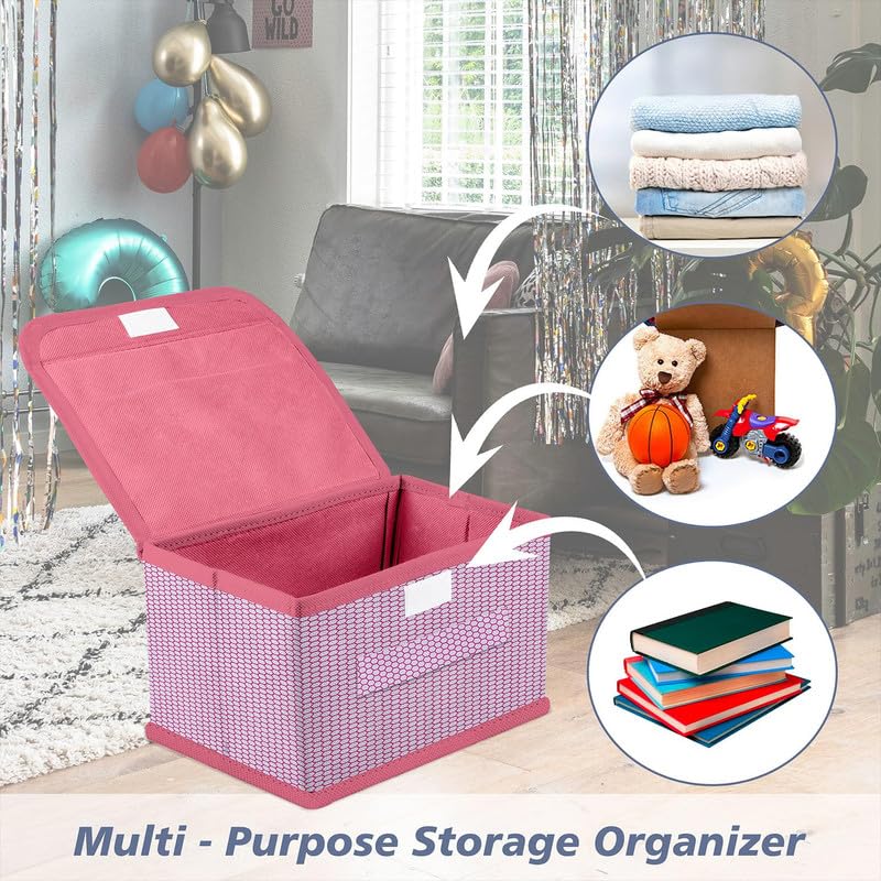 Image of Non Woven Multipurpose Zig Zag Storage Box /Bin With Lid & Side Handle Wardrobe Closet Organizer For Clothes, Toys, Books (Pink, Pack of 2)