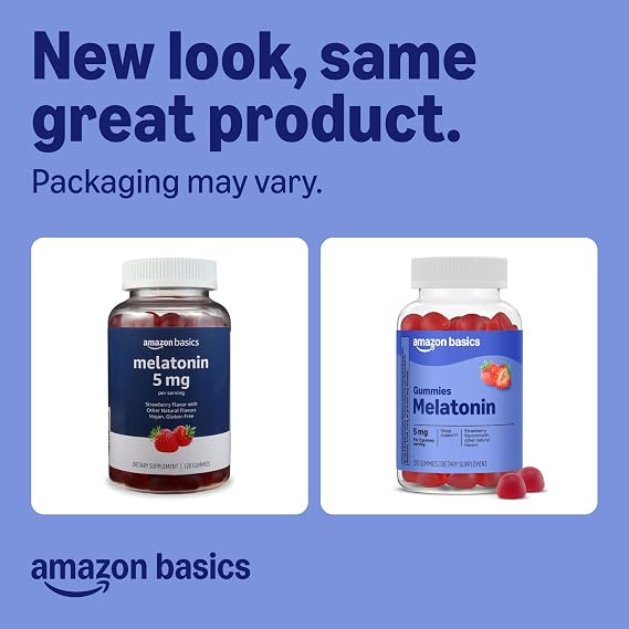 Amazon Basics Melatonin 5mg, 120 Gummies (2 per Serving), Strawberry, Packaging May Vary
