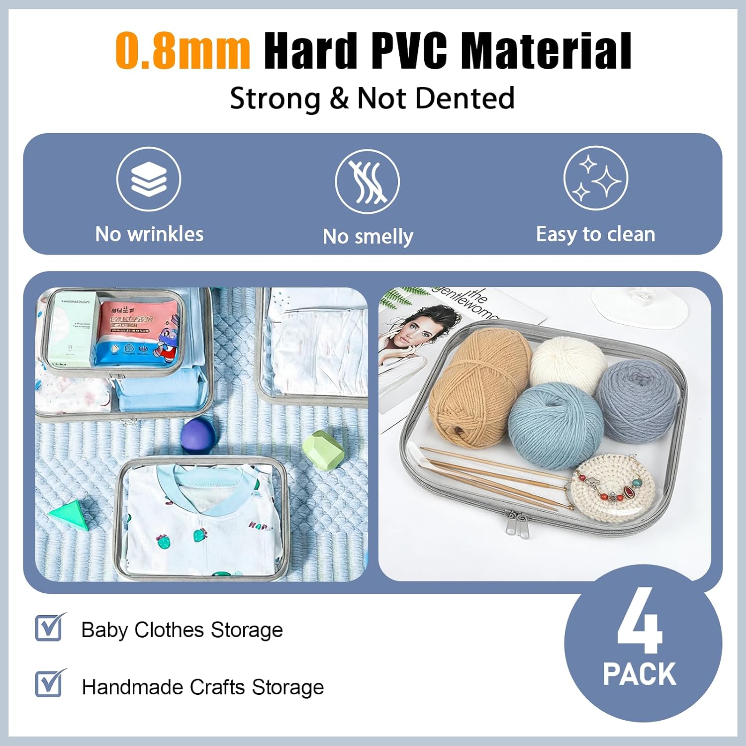 4PCS Clear Hard Shell Double-Zipper Pouches, Transparent Plastic Organizer Bags for Travel Cosmetics, Toiletries, Toy Storage & More (Grey) image 4