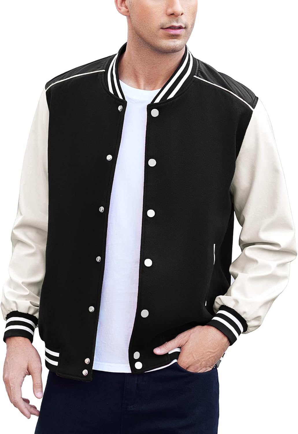 COOFANDY Mens Varsity Jacket Casual Leather Sleeve Baseball Letterman Bomber Jacket Coat