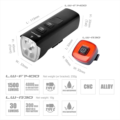 Miniatura 5 de BRIVIGA Juego de luces LED recargables por USB de 1500 lúmenes, potente faro delantero y trasero para bicicleta, batería de 4800 mAh con banco de