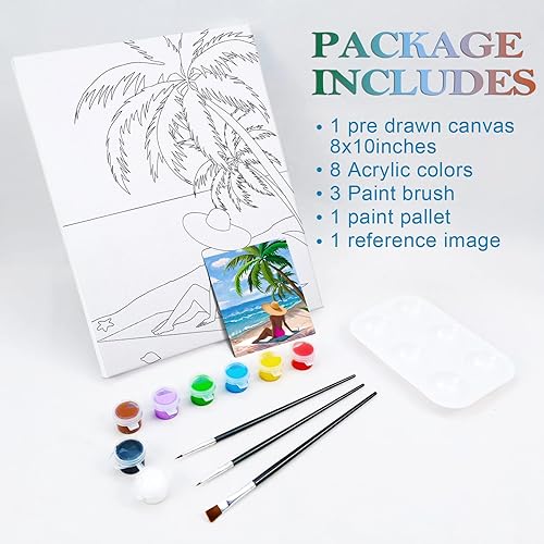 Miniatura 6 de Nuberlic Kit de pintura de lienzo de 8 x 10 pulgadas, lienzo predibujado para pintar, sorbo y pintura para adultos, regalo de cumpleaños, verano,